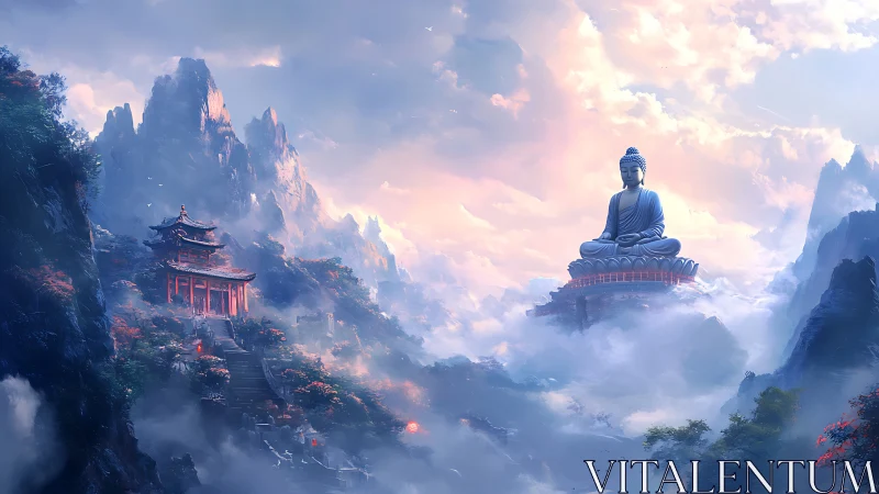 Mystic mountain temple and colossal Buddha above clouds.