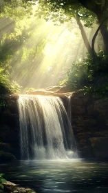 Sunlit forest waterfall curtain in a secret green hollow.