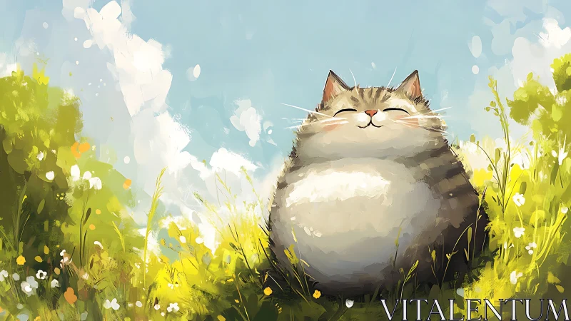 Chubby Cat in Wildflower Meadow Under Blue Sky