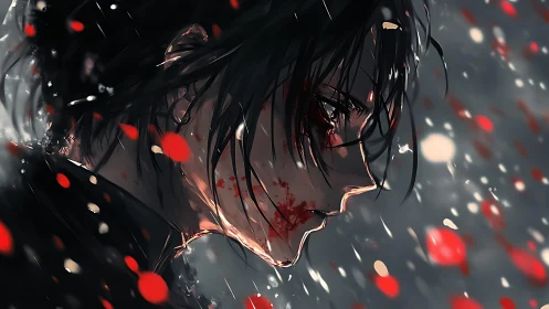 Battle-scarred anime profile under storm of red embers.