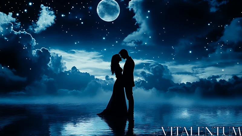 Moonlit Silhouette: Romantic Couple Under Full Moon.