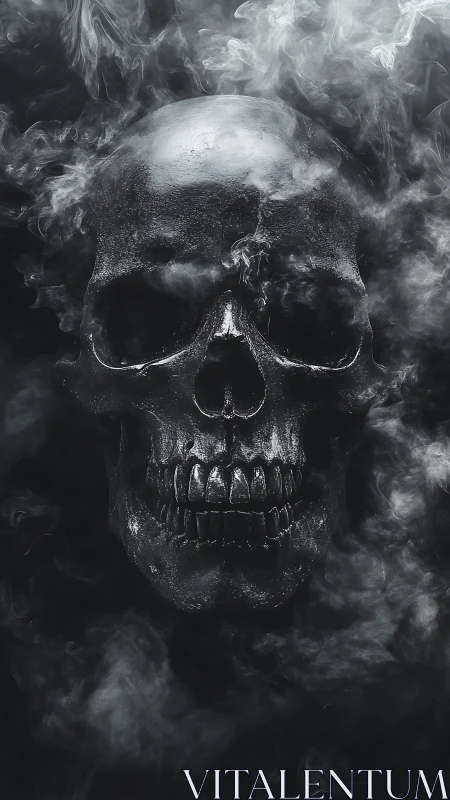 Dark human skull emerges from swirling ethereal smoke.