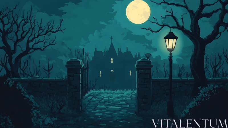 Moonlit path leading to distant mansion beyond stone gate.