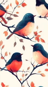 Charming songbirds rest on autumn branches in soft color