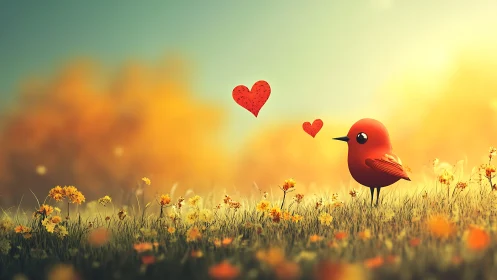 Red bird with heart symbols in field of dandelions.