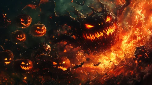 Infernal jack o lantern legion storms a burning Halloween sky.