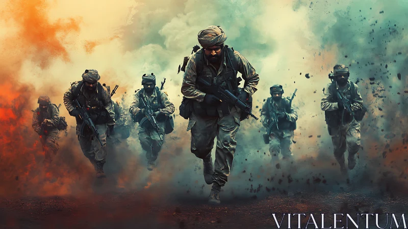 Soldiers charge through explosive battlefield smoke and fire.