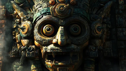 Ancient mechanical idol face with glowing ritual eyes.