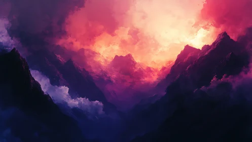 Radiant twilight mountains glowing in dreamy pink mist.