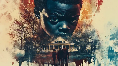 Brooding male portrait looms over rural house in horror tableau