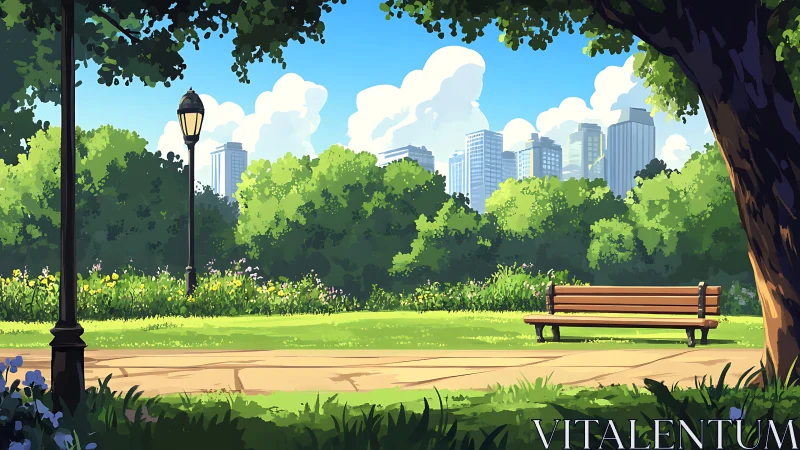 Sunlit city park bench inviting a quiet, peaceful pause.