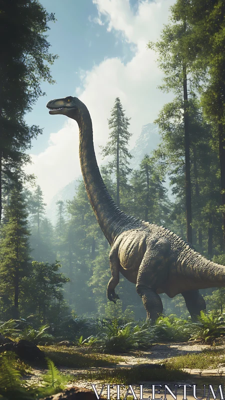 Sauropod dinosaur crossing lush prehistoric conifer forest.