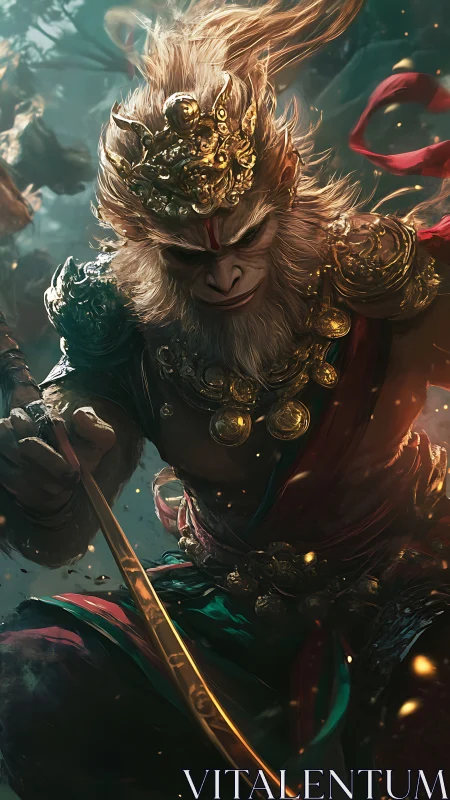 Mythic monkey warrior in gilded armor with dynamic staff.