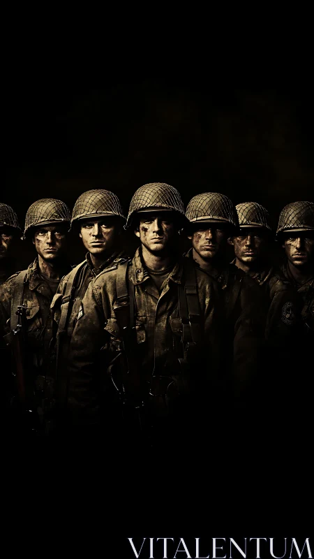 War-worn soldiers emerge from darkness in solemn formation