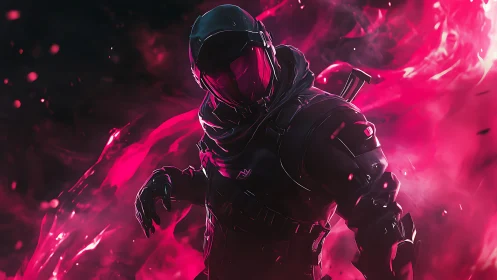 Spectral combat operative in magenta energy vortex field.
