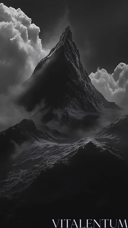 Monochrome mountain spire rendered with dramatic volumetric clouds