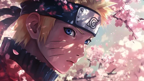 Anime ninja portrait amid drifting pink sakura blossoms.