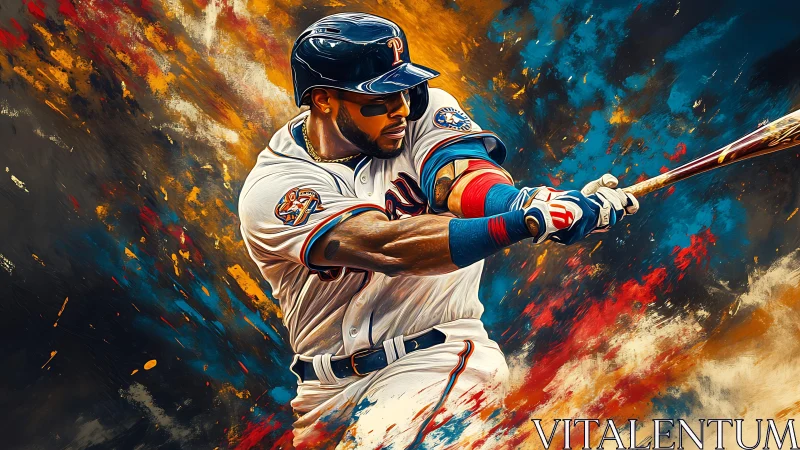Dynamic baseball hitter in explosive color field composition.