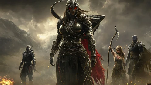 Armored dark warrior leads grim fantasy adventuring party.