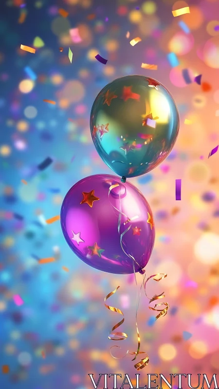 Iridescent Balloons with Stars and Confetti in Luminous Bokeh.