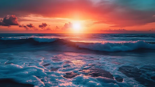 Glowing sunset gently kisses rolling ocean waves and shore