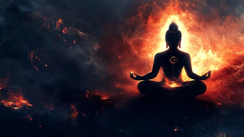 Meditating silhouette with fiery cosmic aura and glowing core.