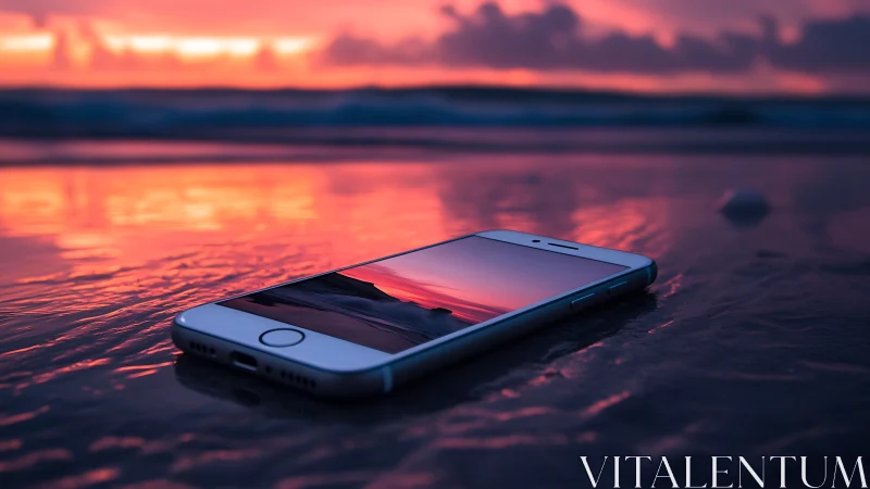 Smartphone positioned on wet sand during coastal sunset conditions.