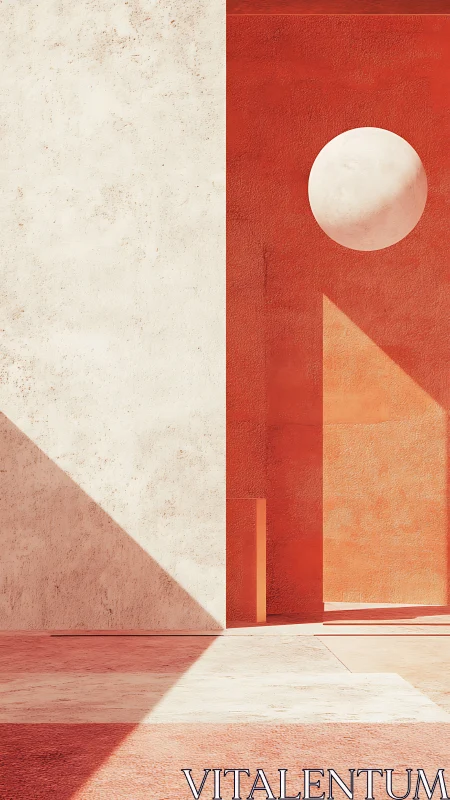 Geometric courtyard with red walls and circular opening.