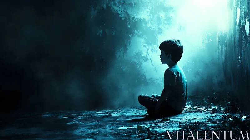 Solitary child seated in dim corridor under blue light.