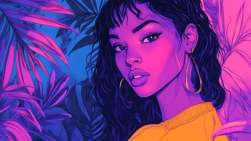 Neon-lit stylized portrait uses duotone gradients and bold linework