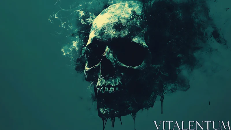 Smoldering digital skull dissolving into smoky darkness.