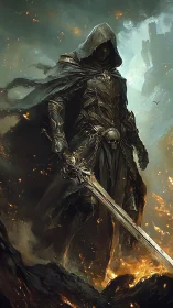 Hooded duskblade strides through embers of a fallen realm.