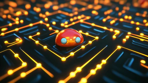 Orange robot node on illuminated circuit-like grid.