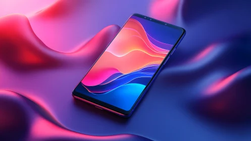 Modern smartphone on vibrant abstract waves, digital art style.