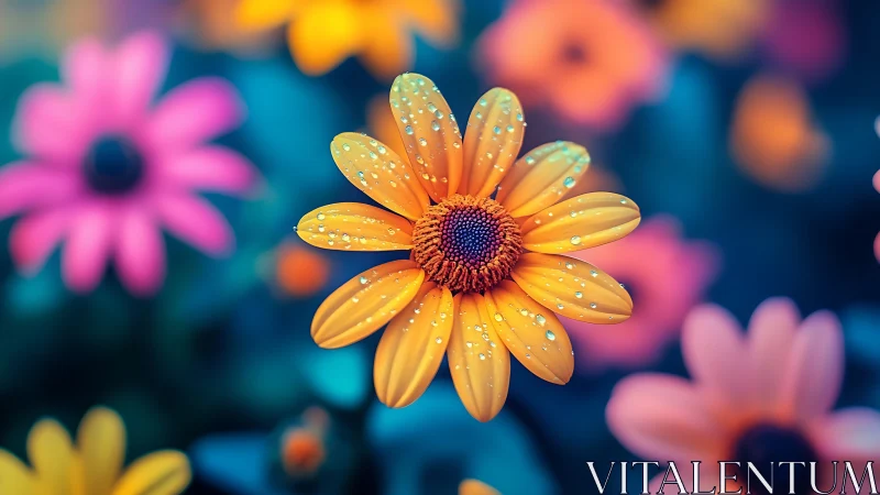 Yellow daisy with water droplets on petals against blurred floral background.