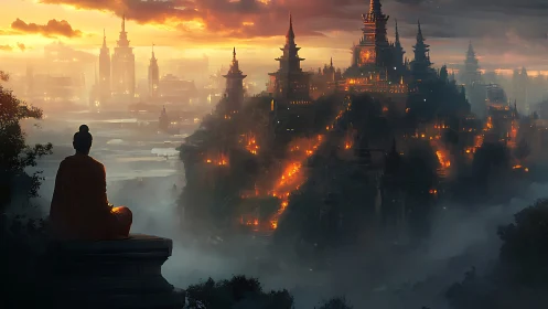 Meditative monk overlooking tiered temple city at twilight
