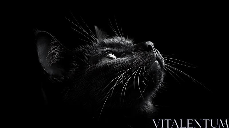 Mesmerizing Black Cat Gazing Upward in Dramatic Shadows