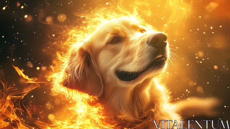 Golden retriever glows within swirling embers of light.