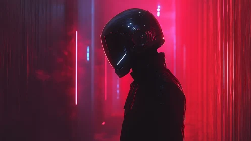 Cybernetic rider silhouette in neon red corridor glow.