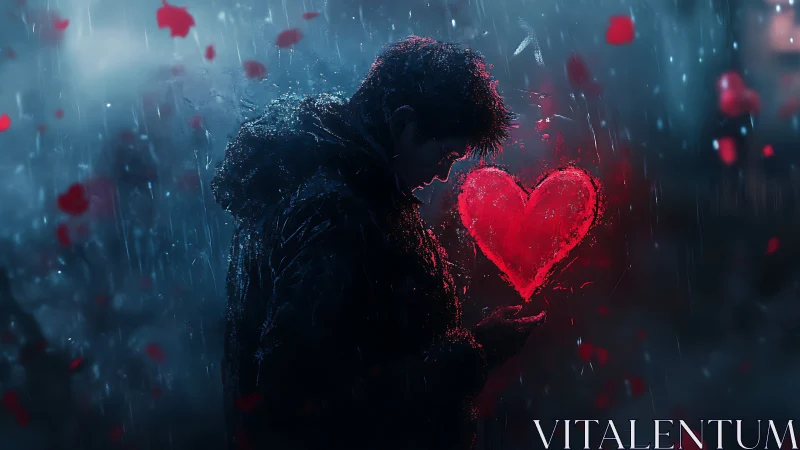 Solitary silhouette clutches luminous heart amid rainfall and particle dispersion.