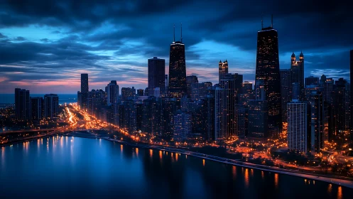 Blue hour city skyline overlooks reflective waterfront lights
