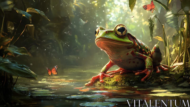Macro rainforest frog study with volumetric light and bokeh depth