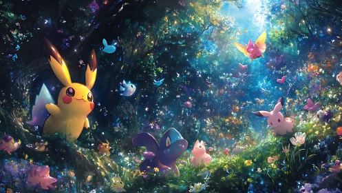 Luminescent Pokémon gathering in bioluminescent forest glade
