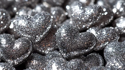 Cluster of silver glitter hearts in tight close-up.