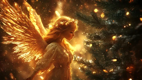 Golden angelic figure illuminates snow kissed evergreen boughs
