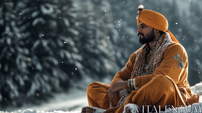 Regal man in saffron turban seated in snowy forest light.