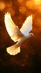 Radiant white dove in flight against glowing sunset bokeh.