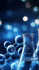 Glass lab flasks glow against abstract molecular network background