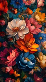 Multicolored floral arrangement with layered botanical composition.