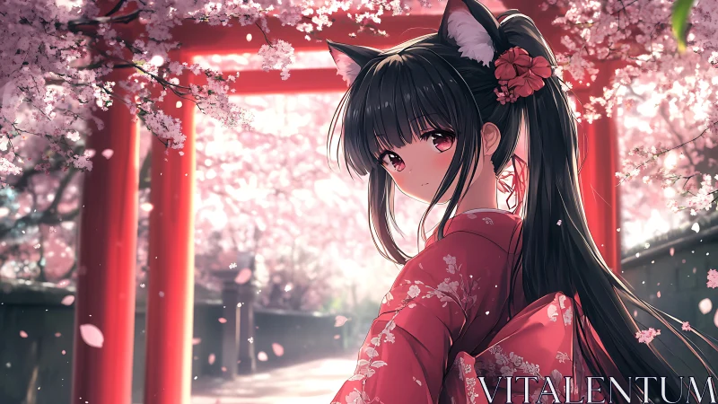 Fox-eared girl pauses beneath cherry blossoms at shrine.